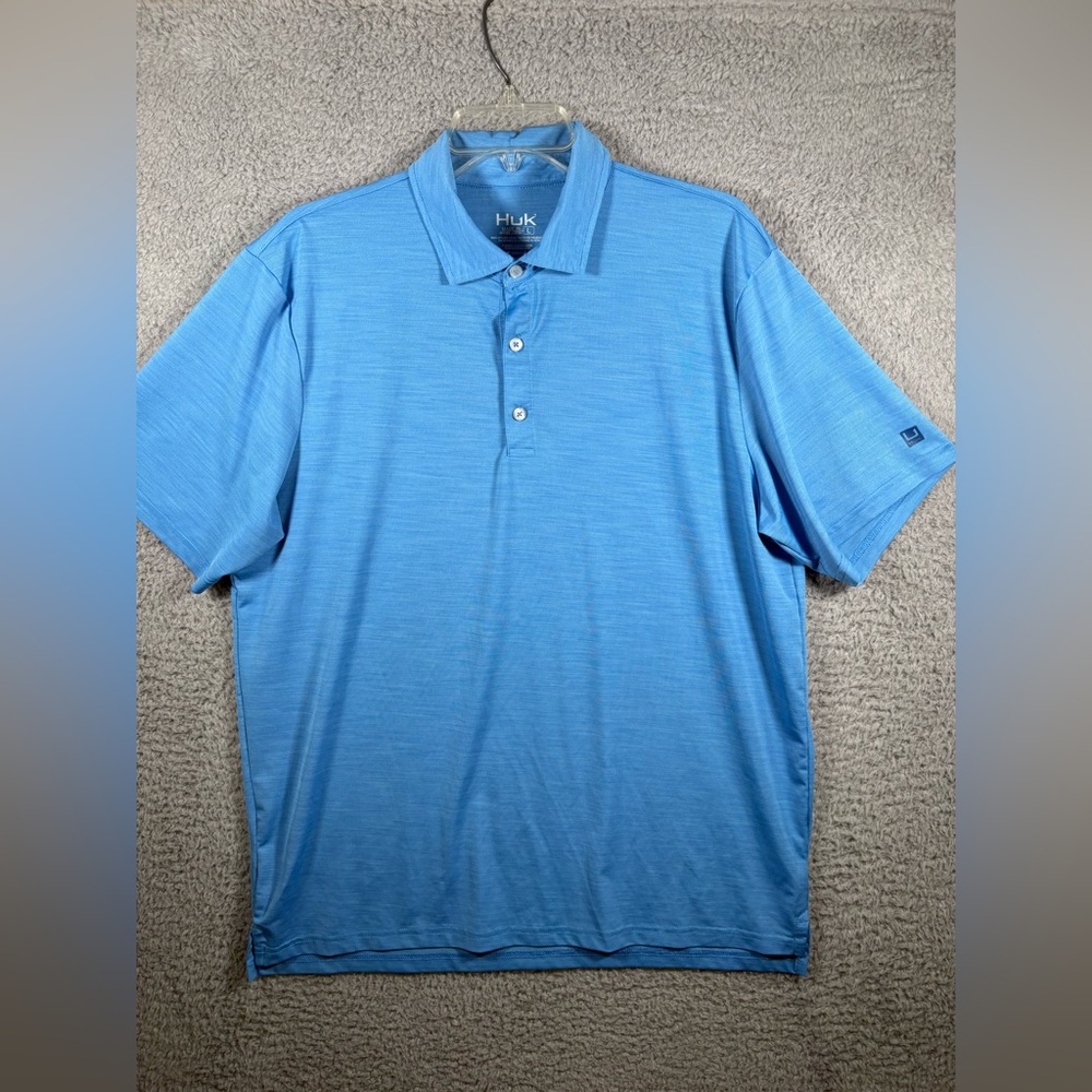 Mens Huk Performance Polo Shirt Short Sleeve Blue Size L Stretch Fishing